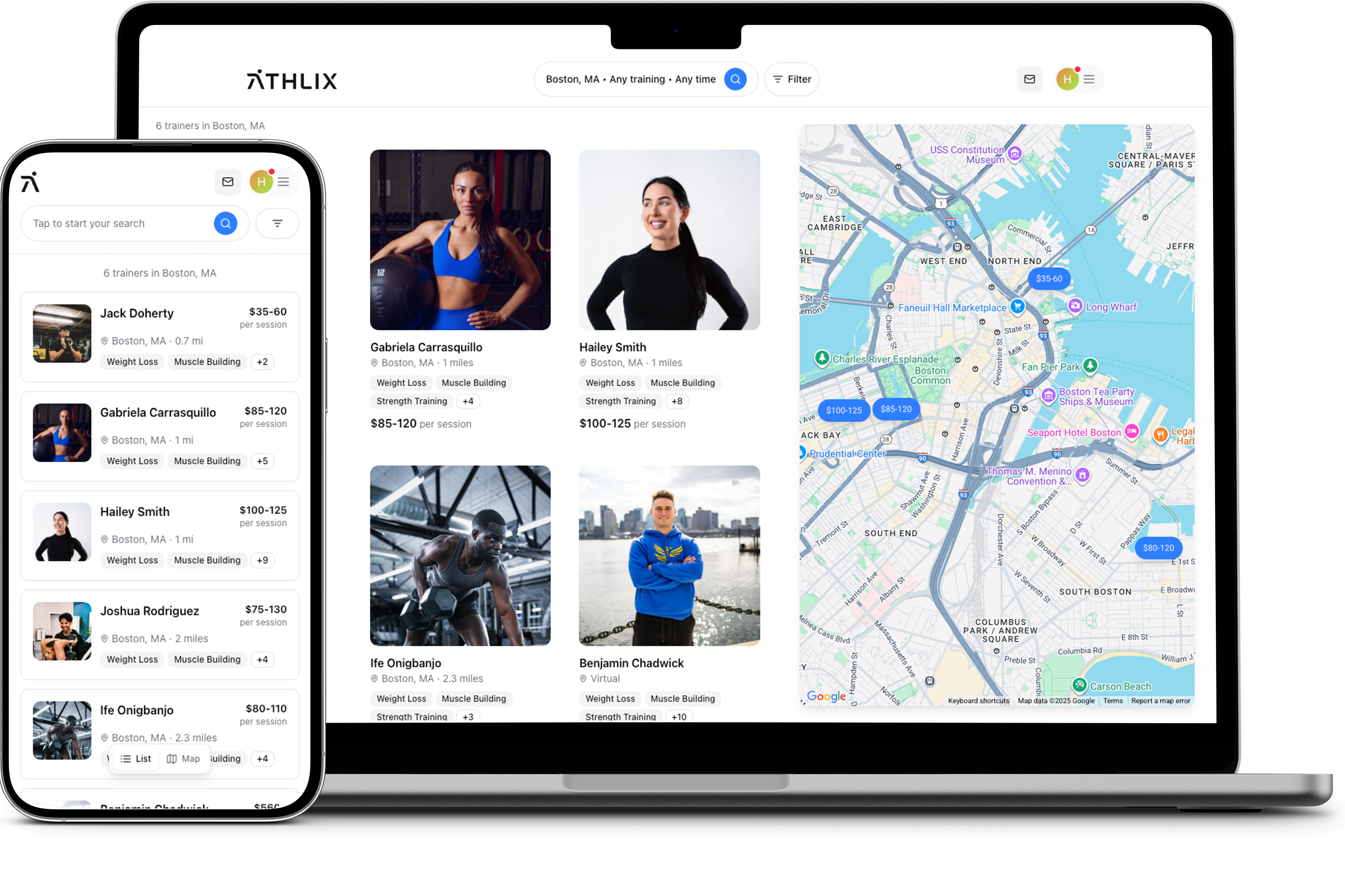 Athlix trainer search map interface