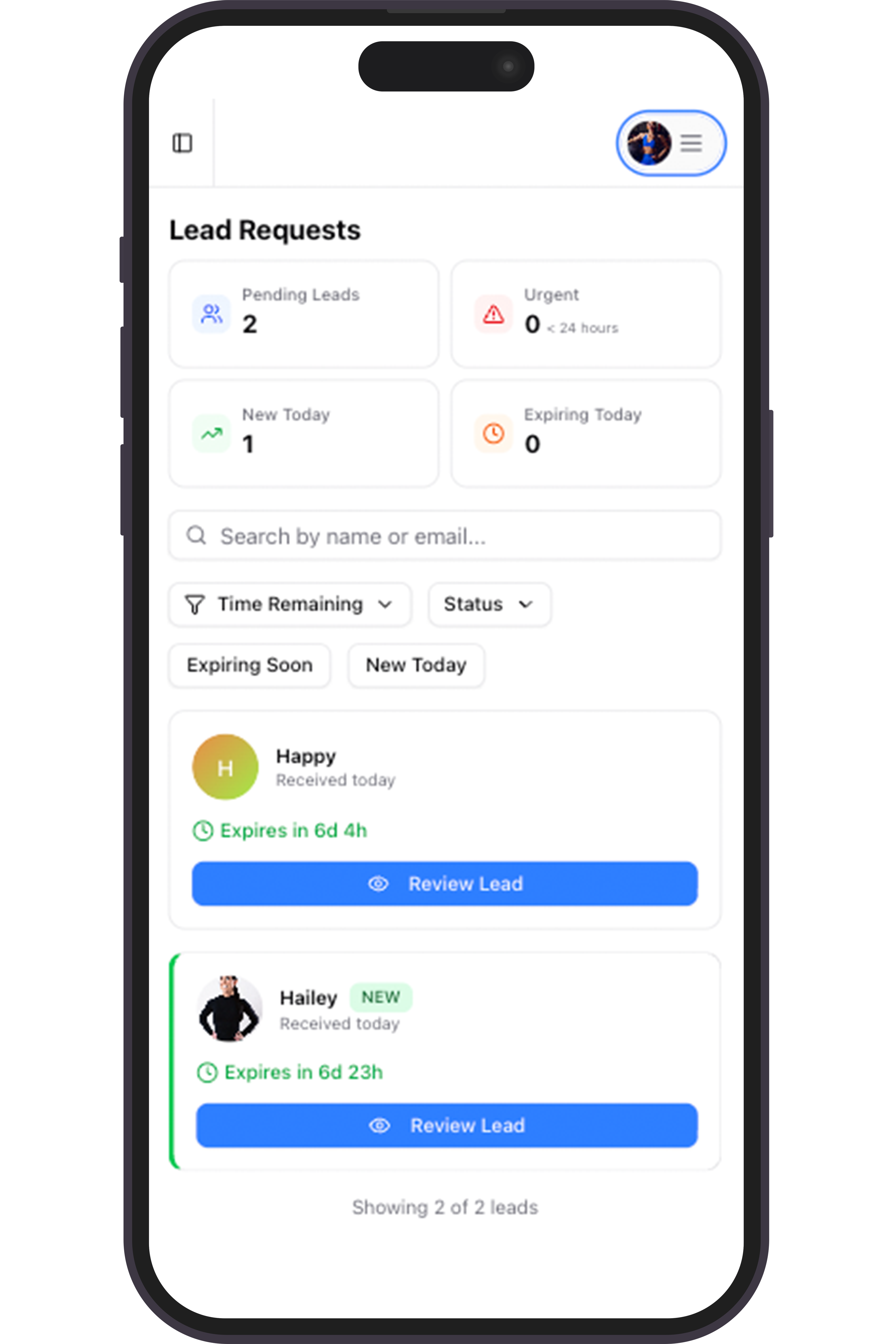 Lead notification interface